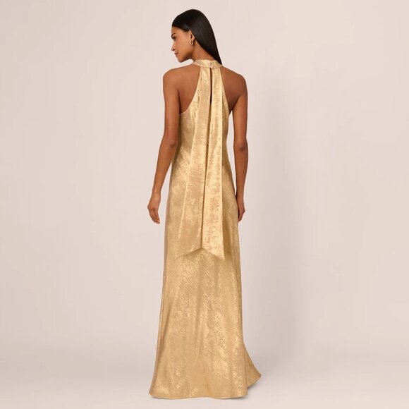 ADRIANNA PAPELL Foiled Mermaid Gown With Halter Neckline In Light Gold - Picture 2 of 7
